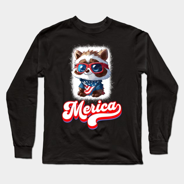 4th Of July Patriotic Cute Raccoon Merica Long Sleeve T-Shirt by Boo Face Designs